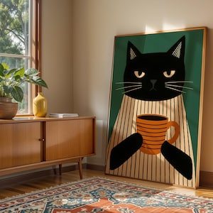 Black Cat Coffee Poster,  Funny Minimalist Cat Wall Art Print, Modern Kitchen or Coffee Bar Decor, Gift for Cat Lovers and Coffee Fans