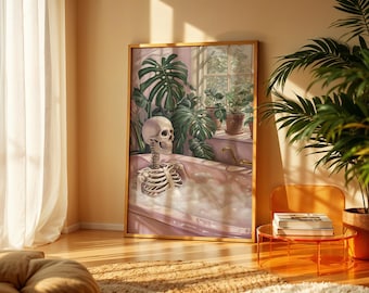 Skeleton in Bathtub Print, Summerween Pastel Bathroom Wall Art