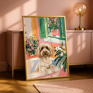 May include: A framed art print depicting a light brown dog in a bathtub, set against a vibrant backdrop of a window with flowers. The artwork is in a gold frame, enhancing the pet-themed decor. The color scheme includes pink, green, and orange, adding a cheerful touch.