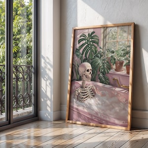 Summerween Skeleton Bathroom Digital Poster, Spooky Halloween Bathroom Wall Art, Pastel Gothic Skeleton in Bathtub Print for Quirky Home