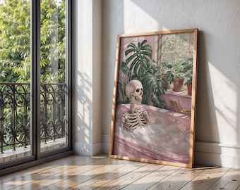 Summerween Skeleton in Bathtub Poster, Spooky Bathroom Art (Digital Download)