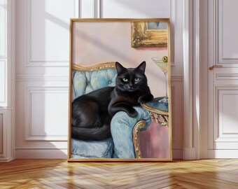 Black Cat Martini Art Print, Elegant Cat Poster, Trendy Retro Bar Decor