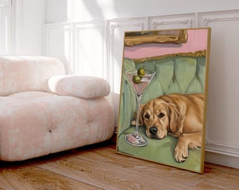 Golden Retriever Martini Art Print, Aesthetic Pet Poster, Retro Dog Bar Decor