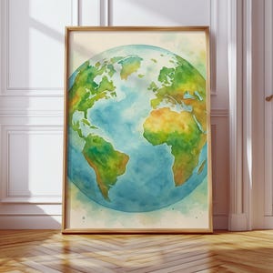 Earth from Space Map Watercolor Digital Poster, Flat Earth Map Wall Art, Globe Decor for Living Room, Classroom, Travel or Nature Lovers