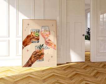 Plakat z nadrukiem na ścianę „Cheers Cocktail”, zabawne drinki na imprezę (do pobrania w wersji cyfrowej)