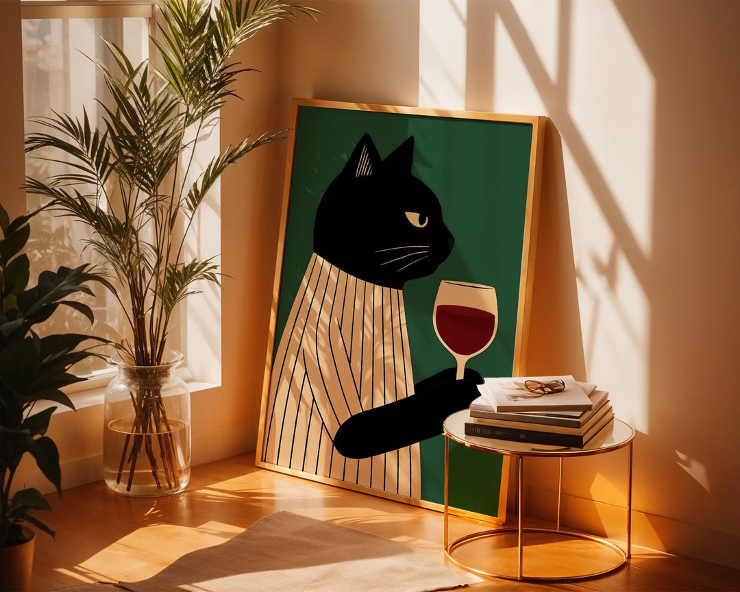 Black Cat Wine Minimalist Wall Art Print, Modern Kitchen, Living Room ...