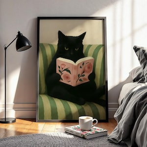Schwarze Katze lesen Wandkunst, lustiges, wunderliches Katzendekor für Bücherliebhaber, gemütliches Lesewinkeldekor, niedliches Katzenplakat für Bibliothek, Wohnzimmer
