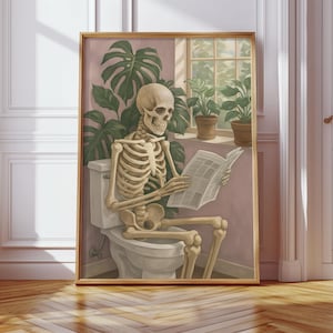 Pastel Funny Skeleton Bathroom Wall Art Print, Humorous Gothic Wall Decor, Quirky Toilet Poster, Spooky Yet Playful Skeleton Reading Artwork