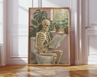 Pastel Funny Skeleton Bathroom Poster Print, Gothic Humorous Wall Art