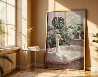 Silly Goose Bathroom Art Print, Trendy Farmhouse Poster, Funny Goose in Bathtub Nursery decor