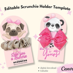 Scrunchie houder tag sjabloon, bewerkbare scrunchie display card, Canva sjabloon, haar boog haar clip tag kaart, Tutu ballerina partij gunst tag