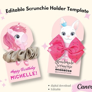 Modello modificabile per biglietto porta scrunchie, modello canva per scheda scrunchie, porta accessori per capelli, ballerina coniglietta unicorno, bomboniera