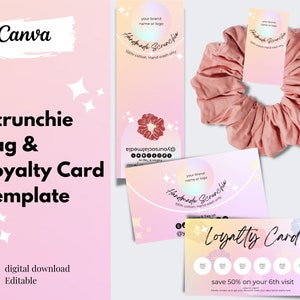 Scrunchie Tag Canva Templates, Printable Scrunchie hang tags, Loyalty Card Canva Template, Scrunchie Rewards Card, Pink Gradient label cards