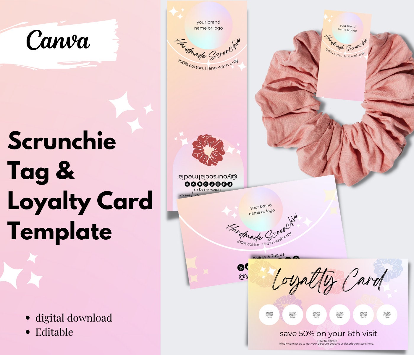 Scrunchie Tag Canva Templates, Printable Scrunchie Hang Tags, Loyalty Scrunchie Tag Canva Templates, Printable Scrunchie Hang Tags, Loyalty
