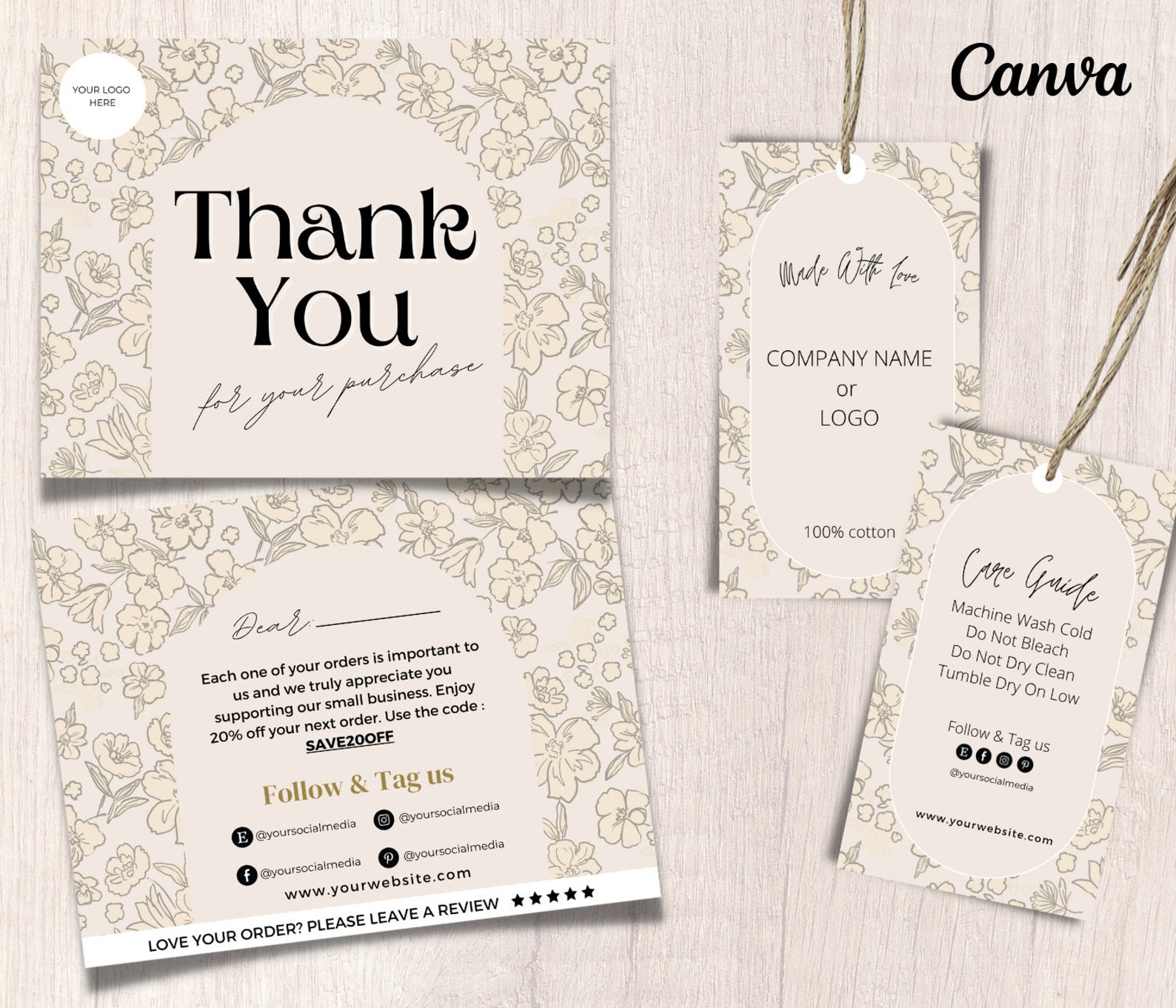 Thank You Card and Hang Tag Canva Template Thank You Card Etsy