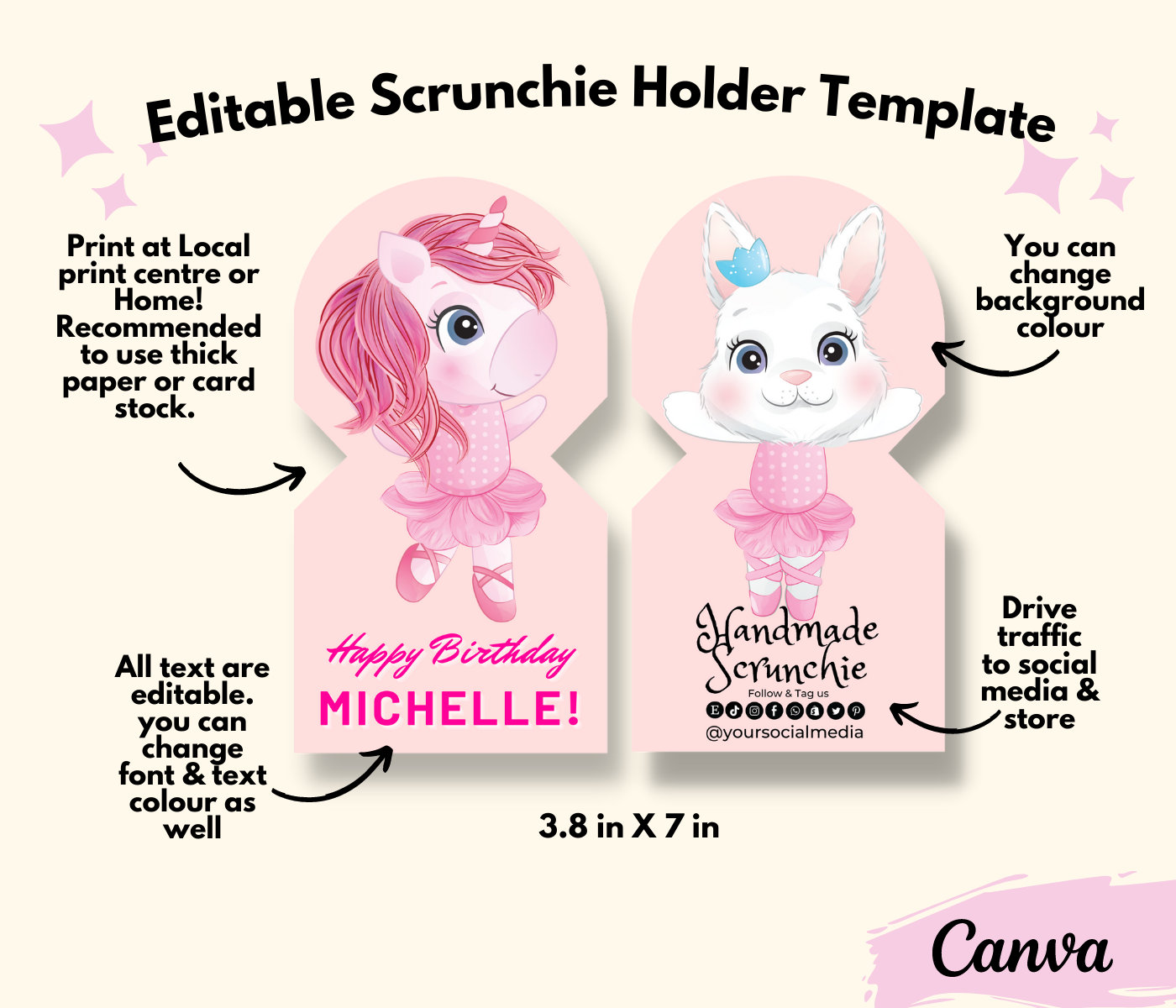 Editable Scrunchie Holder Card Template, Scrunchie Tag Card Canva