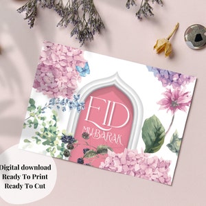 Cartão digital Eid para impressão floral, cartão comemorativo Eid Mubarak, download instantâneo, cartão dobrável 5x7, decoração Eid, cartões islâmicos para mulher