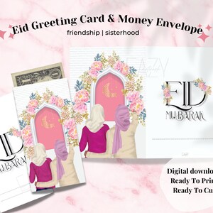 Envelopes e cartões comemorativos de dinheiro Eid premium para impressão, amizade, irmandade, envelopes de dinheiro florais, modelo de cartão de convite feito à mão Eid