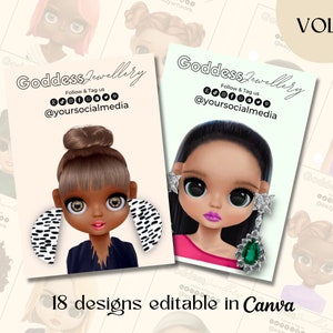 Puede incluir: Dos ilustraciones digitales de chicas de dibujos animados con diferentes peinados y pendientes. Las chicas llevan atuendos coloridos. El texto "Goddess Jewellery" está en la parte superior de cada ilustración. El texto "Follow & Tag us @yoursocialmedia" está debajo del título. El texto "18 designs editable in Canva" está en la parte inferior de la imagen.