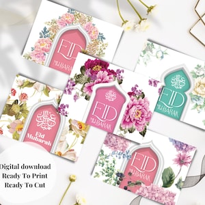 Paquete de tarjetas de felicitación Eid Mubarak, Tarjeta de Eid floral imprimible, Impresión digital de paquete de tarjetas de Eid, Feliz eid, Decoración del hogar de Eid, Regalo de Eid, Tarjetas de Ramadán