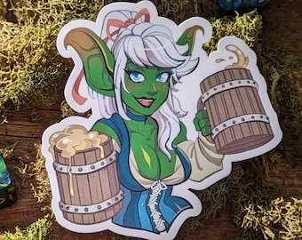 Busty Goblin Barmaid Vinyl Sticker - Fantasy Tavern Wench