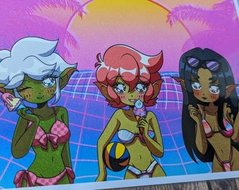 Retro Anime Style Sexy Summer Beach Goblins 5"x7" Mini Print