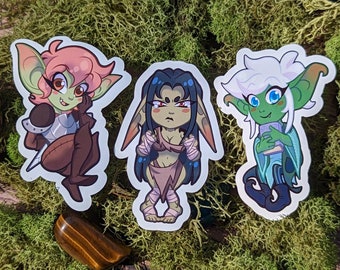 Trio of Cute Goblin Girl Friend Stickers 1.5" ll Water Resistant Glossy Vinyl