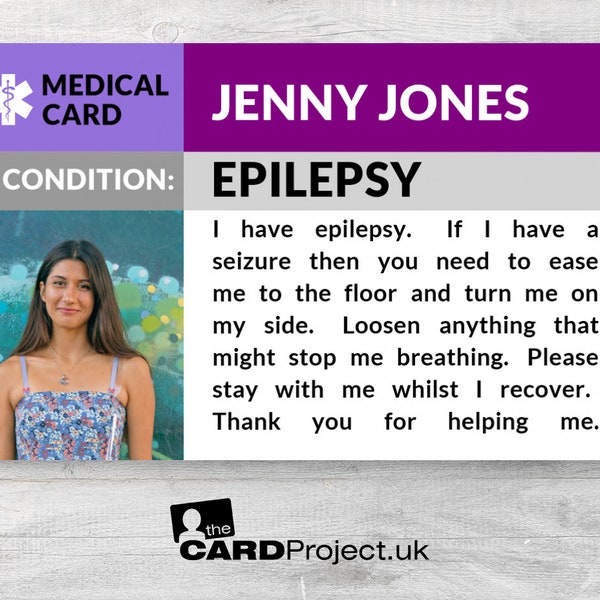Epilepsy Awareness, Medical Seizure Photo ID Alert Card