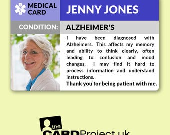 Alzheimer's Disease Medical ID Card – Personalised Photo Card with Emergency Contacts for Dementia Patients