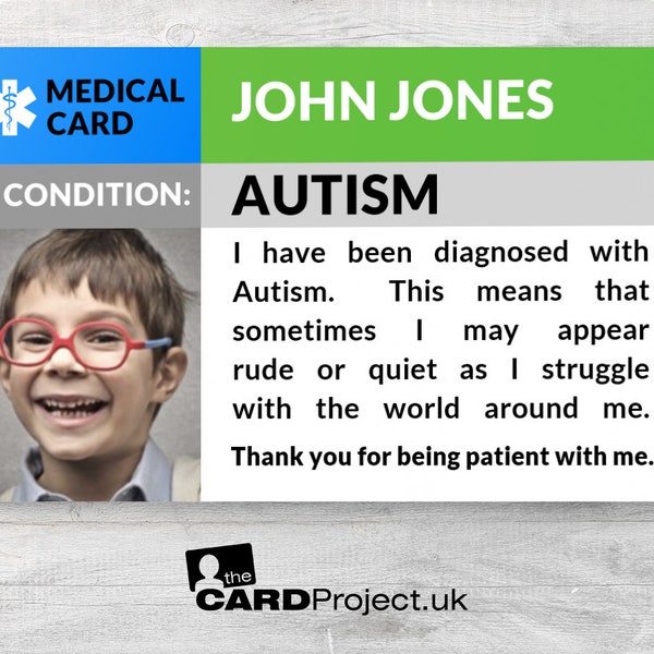 Autism Awareness Medical Photo ID Card - Double-Sided w/ Emergency Contacts - Eco-Friendly - Credit Card Size - Optional Lanyard