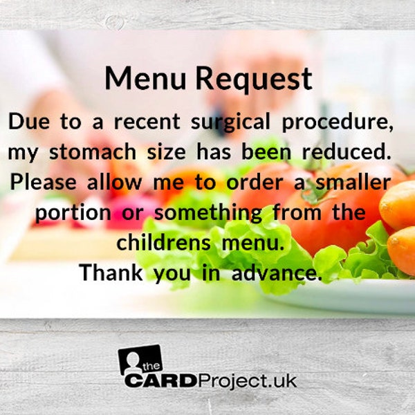 Special Menu Request Card suitable for Gastric Bypass/Sleeve/Band Bariatric Patients