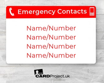 Emergency Contact Card, ICE Names and Phone Numbers for wallet/purse