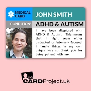 ADHS & Autismus medizinischer Ausweis | Personalisierte Notfallkontaktkarte | Doppelseitiger Warnhinweis mit Foto, für Neuroresistente Personen