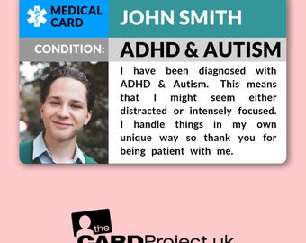 ADHD & Autism Medical ID Card | Personalised Emergency Contact Card | Double-Sided Medical Alert with Photo for Neurodivergent Individuals