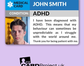 ADHD Photo Medical Card - Double-Sided Emergency Contact Card for Attention Deficit Hyperactivity Disorder Spectrum
