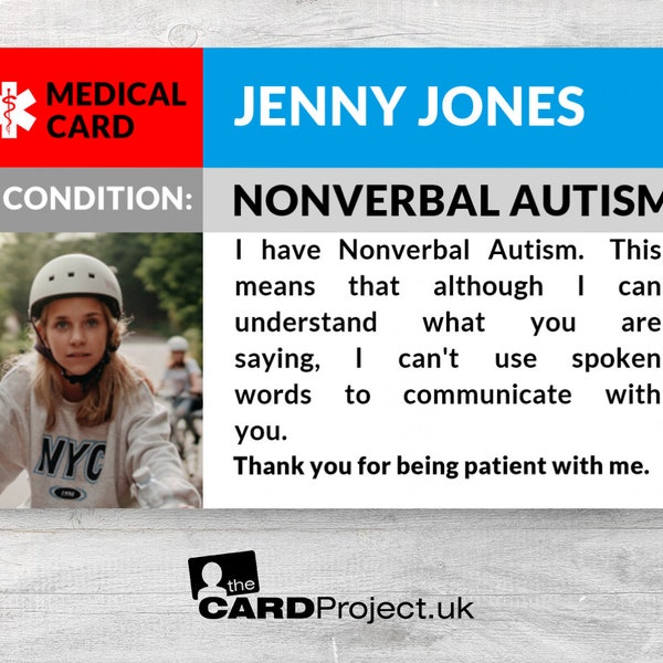 Nonverbal Autism Awareness Photo Medical ID Card, Autistic Alert Badge