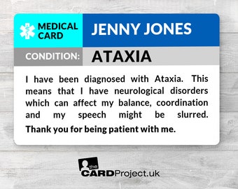 Ataxia Awareness Medical ID Card - Personalised In Case of Emergency Contact Details