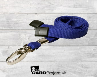 Dark blue lanyard with metal lobster clip made from recycled fabric