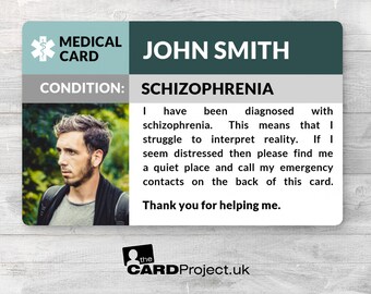 Schizophrenia Awareness Photo Medical ID Alert Card, Mental Health Emergency Card