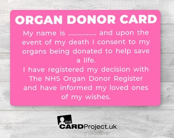 Organ Donor Card, Bio-degradable Personalised In Case of Emergency Contact Details