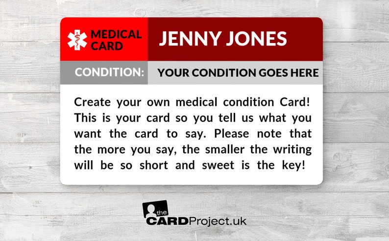 Custom Medical Condition Card Design Your Own Personalized Emergency Medical ID Badge by The Card Project UK image 1