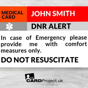 DNR Medical ID Alert Card, Do Not Resuscitate Awareness