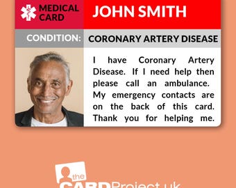 Coronary Artery Disease Medical ID Card - Angina, Chest Pain, Emergency Contacts, Personalised Photo Card for Heart Condition