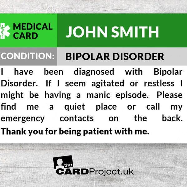 Bipolar Disorder Awareness, Medical ID Alert Card, Manic Depression