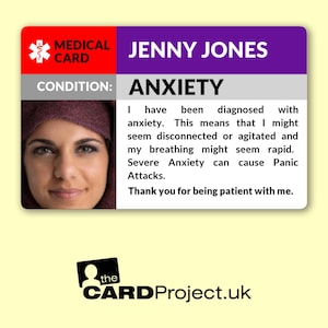 May include: A medical card with a red cross and the words "MEDICAL CARD" in white. The card is purple and has the name "JENNY JONES" in white. The condition is "ANXIETY" in white. The card has a photo of a woman with a headscarf and a description of anxiety.