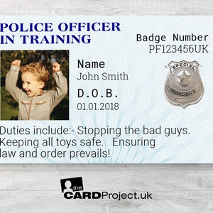 Police Officer In Training Card, Novelty Personalised Photo ID Licence Non Generic