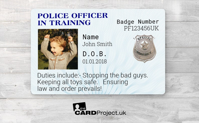 Police Officer In Training Card, Novelty Personalised Photo ID Licence Non Generic