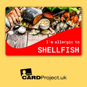 May include: Red card with a white wave design and the text "I'm allergic to SHELLFISH". The card has a background image of a variety of seafood, including shrimp, lobster, and fish.
