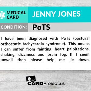 PoTS (postural orthostatic tachycardia syndrome) Awareness Medical ID Alert Card