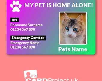 Pet Home Alone Emergency ID Card | Biodegradable | Single or Multiple Pets | Keep Pets Safe | Personalised Pet Safety Card